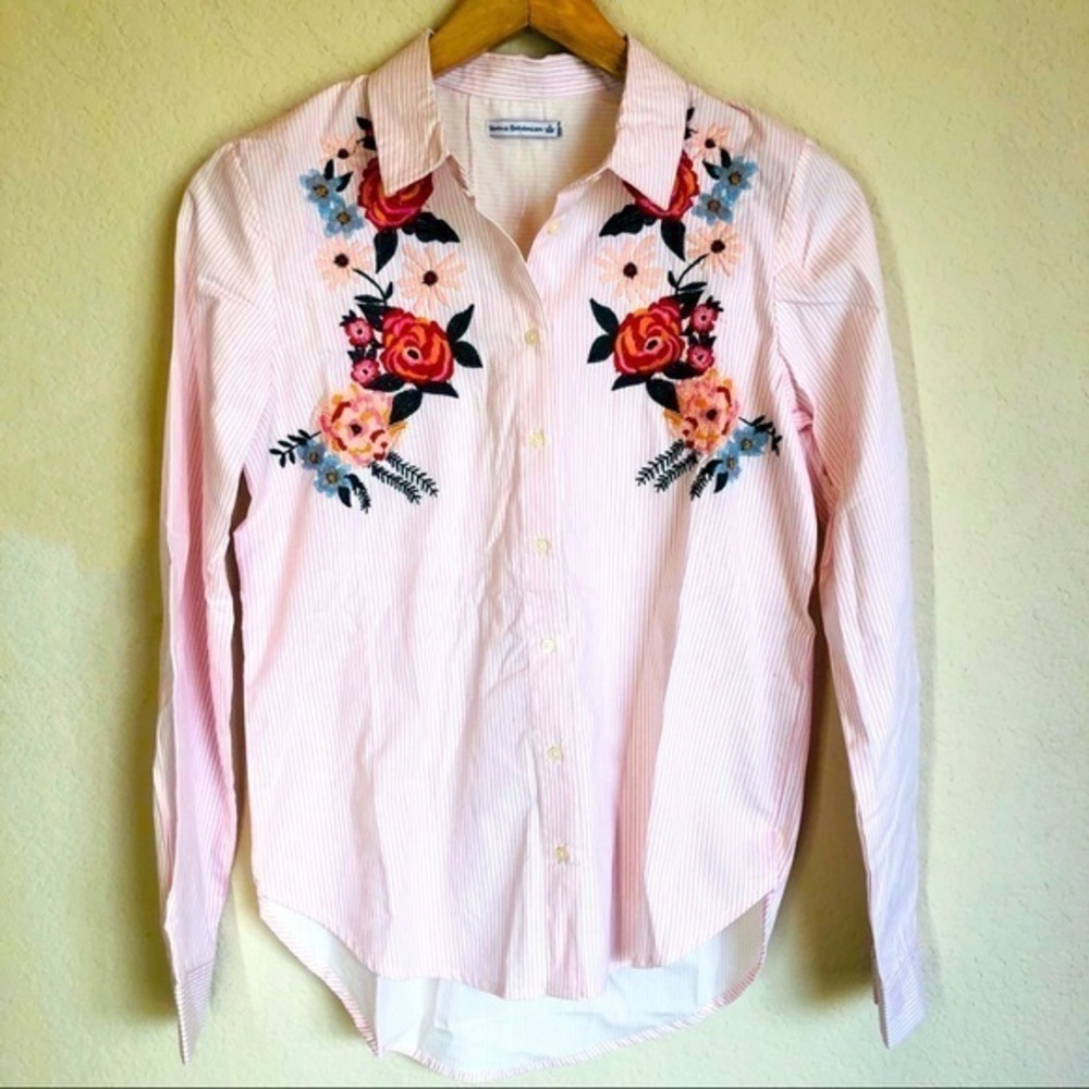 Pink & White Button Down with Floral Embroidery